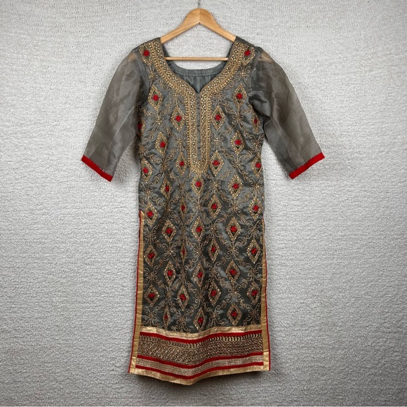 Handmade Dress Womens‎ S Indian Kurta Hand Embroidered Beaded Wedding Kurta Top - Picture 1 of 10